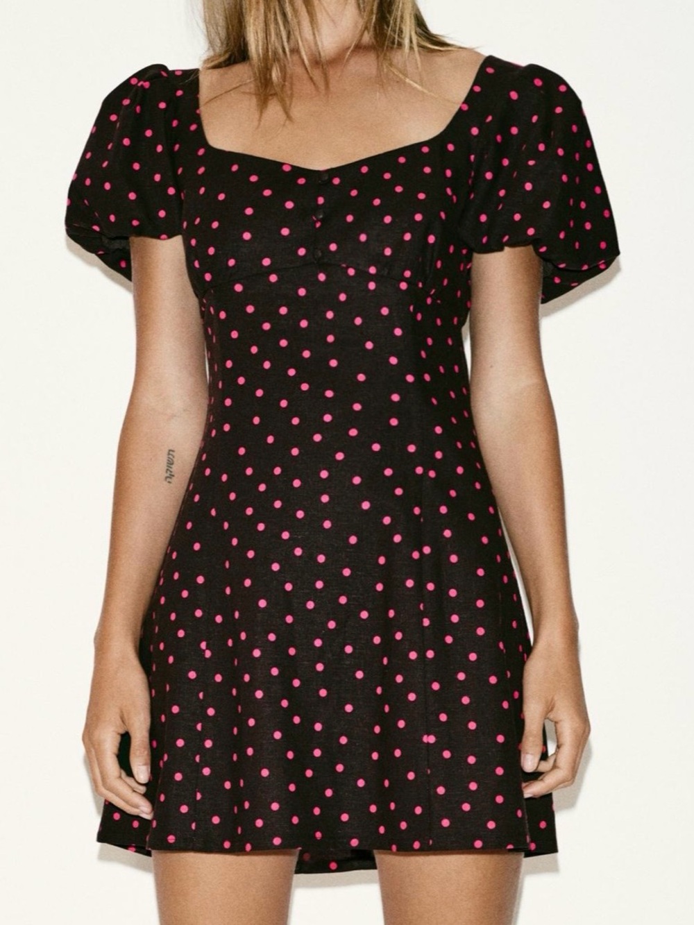 ZARA Linen Blend Balloon Sleeve short Dress with Polka Dots